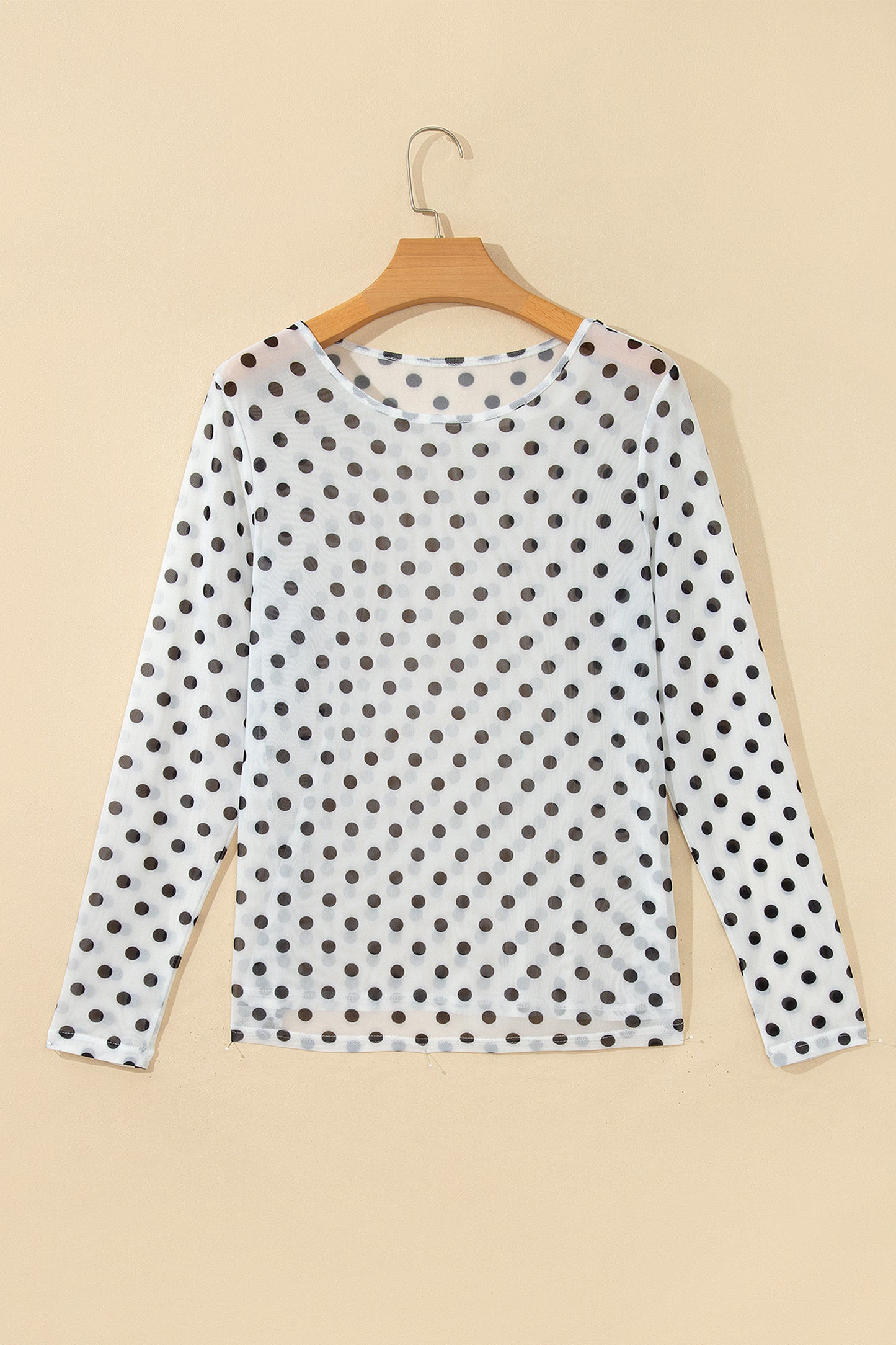 Black Polka Dot Sheer Mesh Long Sleeve Round Neck Shift Blouse-Tops/Long Sleeve Tops-[Adult]-[Female]-2022 Online Blue Zone Planet
