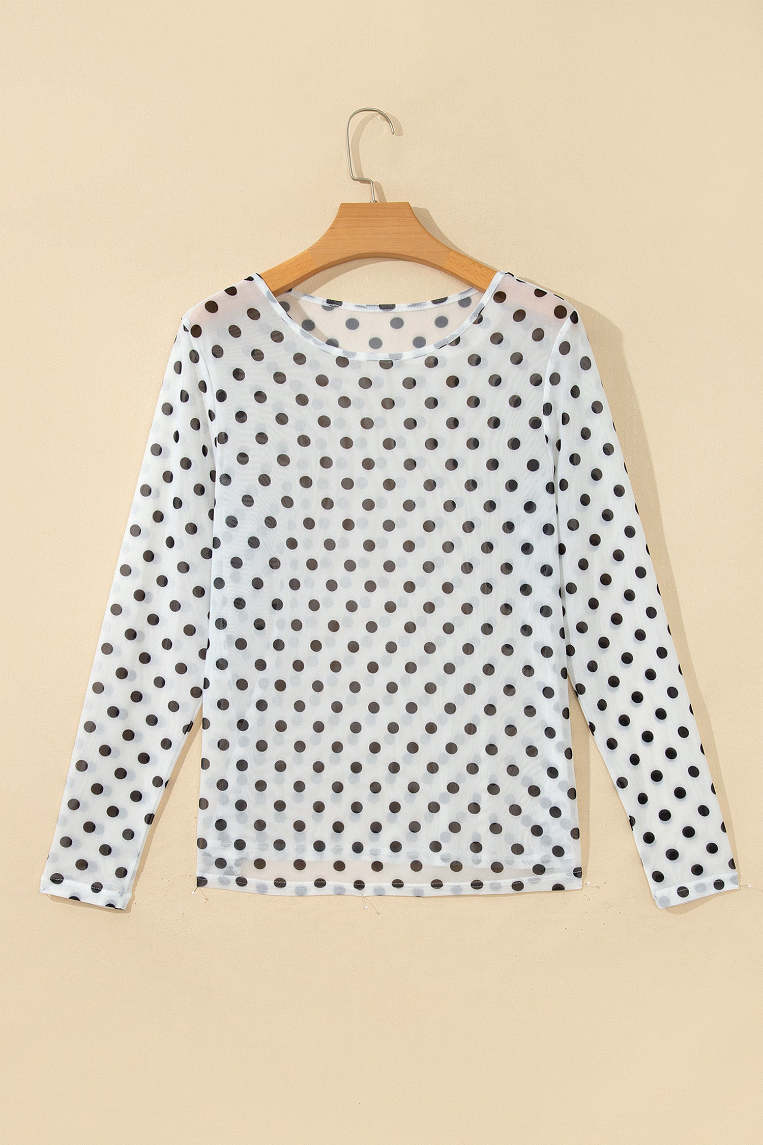 Black Polka Dot Sheer Mesh Long Sleeve Round Neck Shift Blouse-Tops/Long Sleeve Tops-[Adult]-[Female]-2022 Online Blue Zone Planet