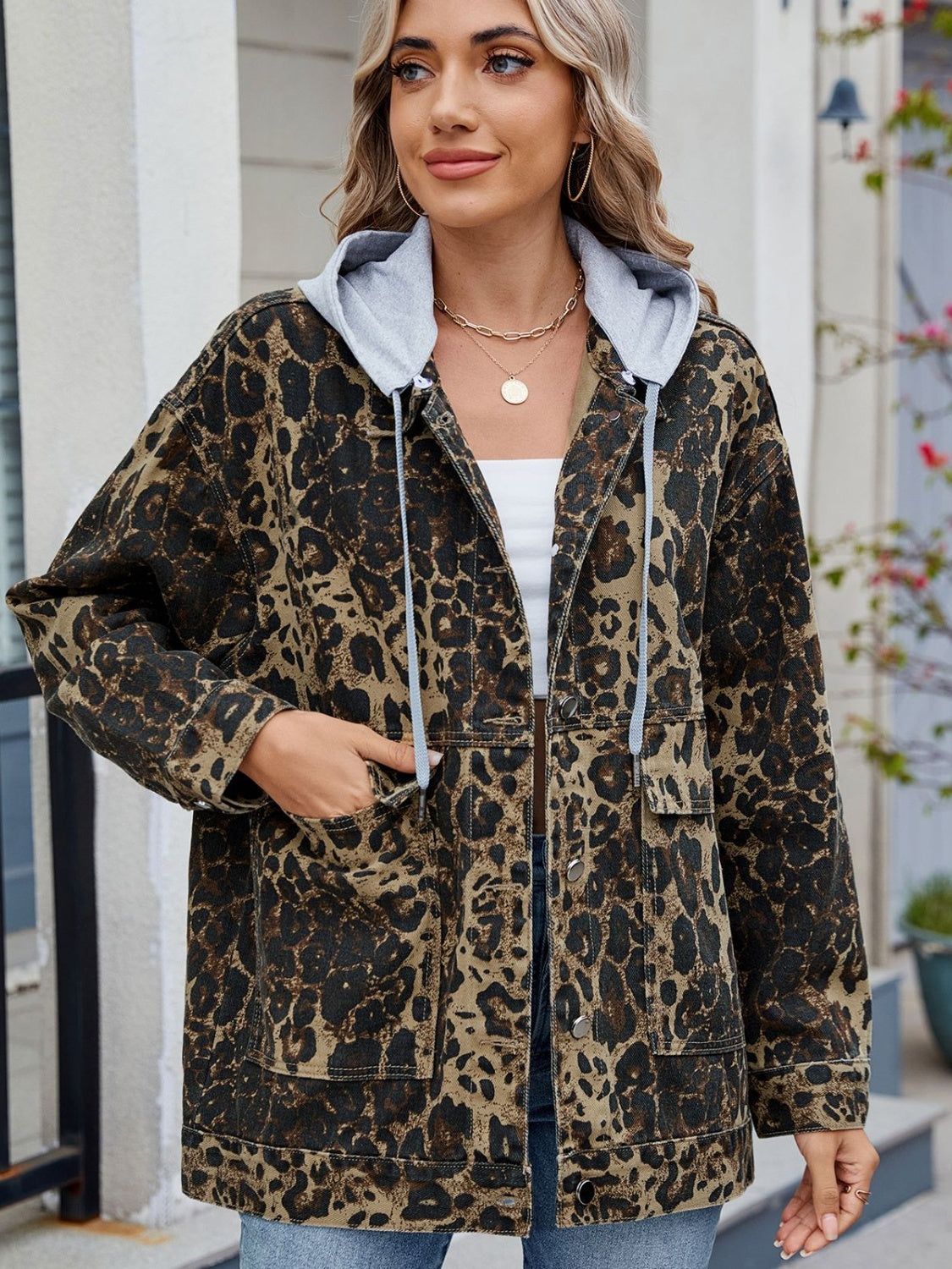 Leopard Button Up Drop Shoulder Denim Jacket-TOPS / DRESSES-[Adult]-[Female]-Removable hat-S-2022 Online Blue Zone Planet