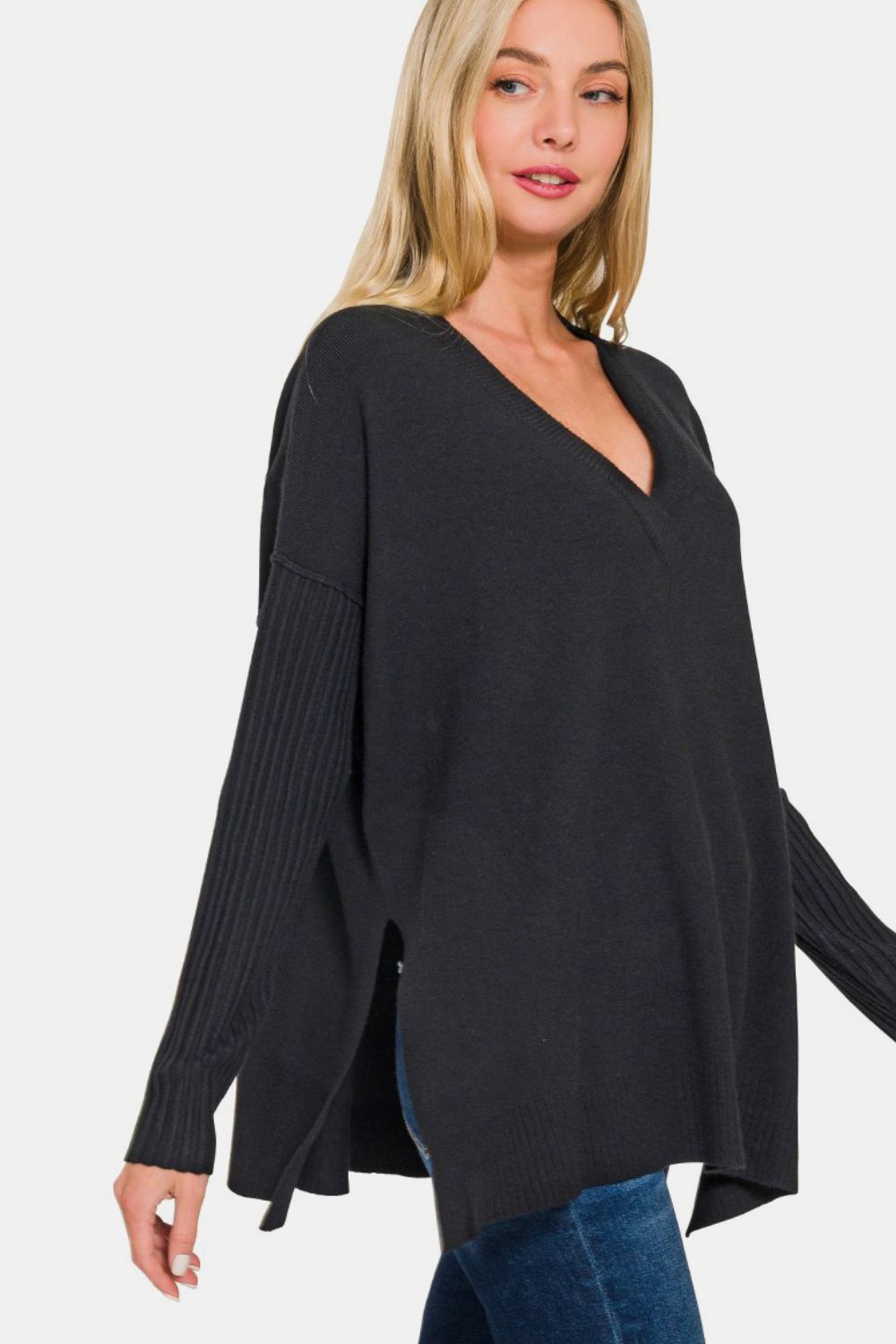 Zenana V-Neck Side Slit High-Low Sweater-TOPS / DRESSES-[Adult]-[Female]-2022 Online Blue Zone Planet