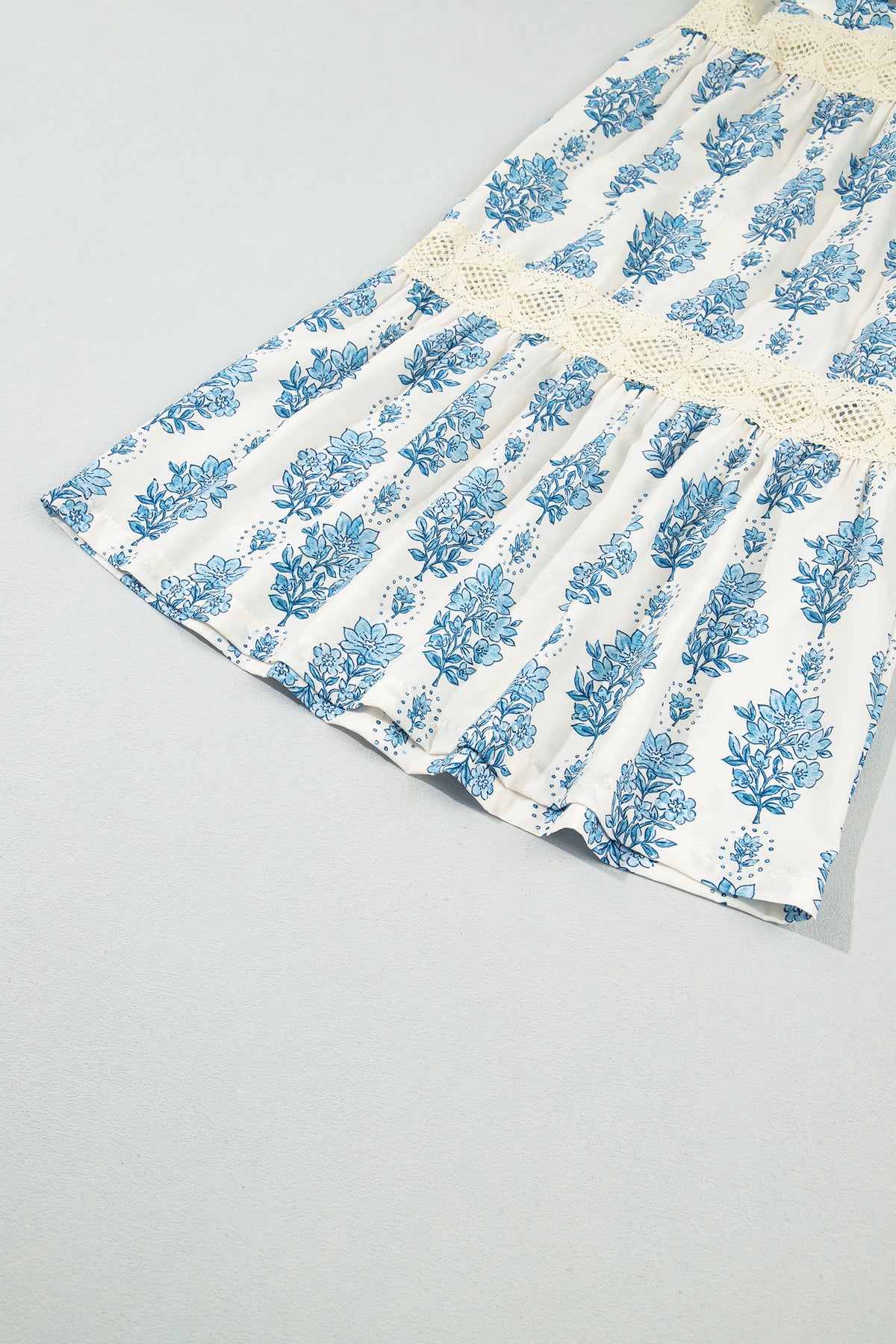 Sky Blue Floral Print Lace Patchwork Detail Wide Leg Pants-Bottoms/Pants & Culotte-[Adult]-[Female]-2022 Online Blue Zone Planet