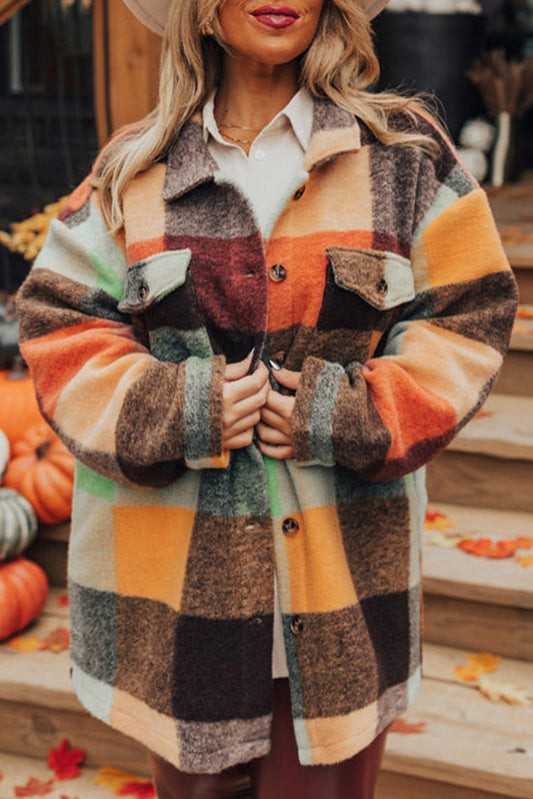 Orange Plaid Print Flap Pocket Long Jacket-Outerwear/Jackets-[Adult]-[Female]-Orange-S-2022 Online Blue Zone Planet