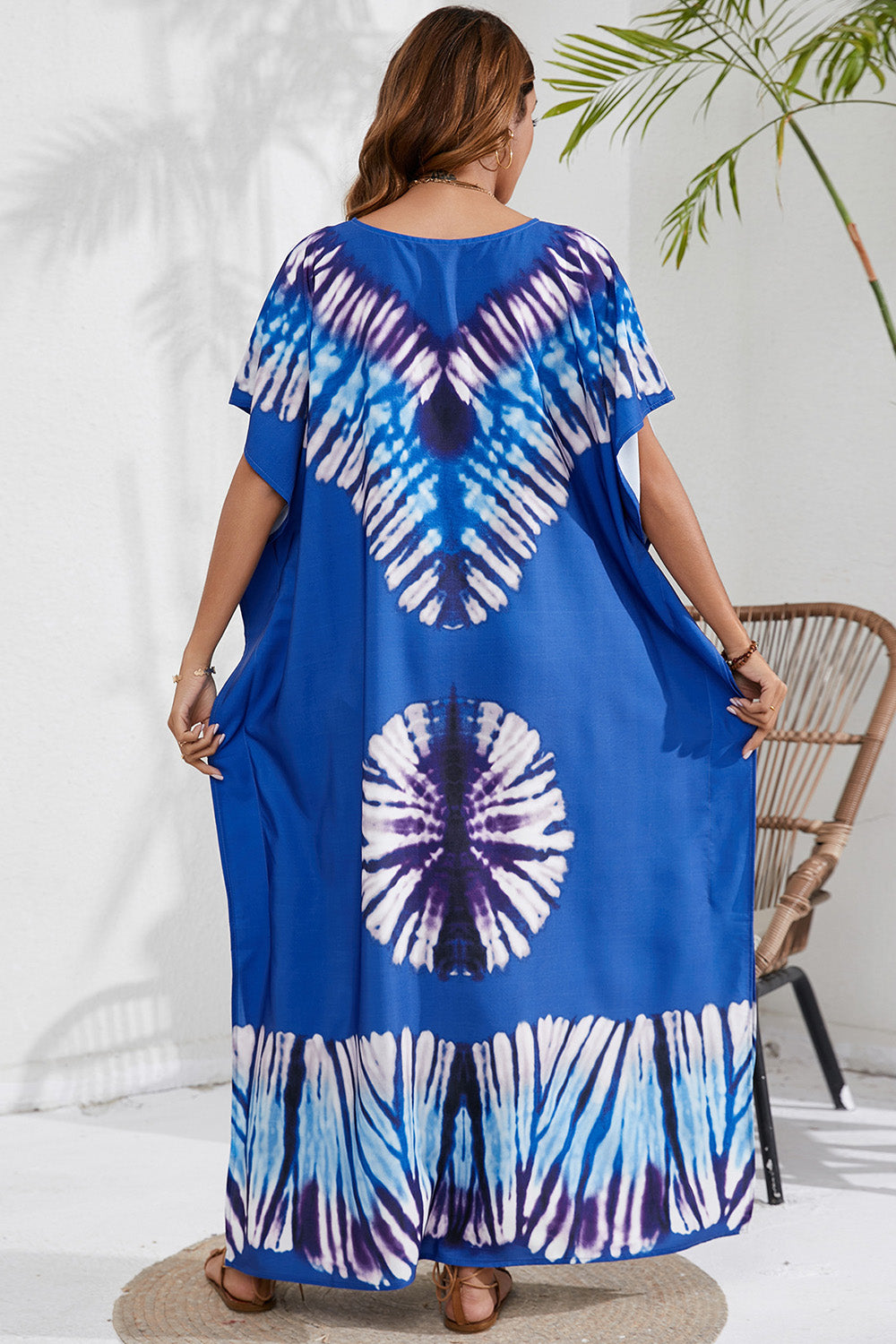 Blue Zone Planet |  Slit Printed V-Neck Short Sleeve Cover Up BLUE ZONE PLANET