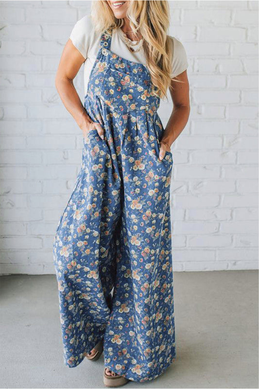 Blue Vintage Rose Printed Pleated Loose Denim Overall Jumpsuit-Bottoms/Jumpsuits & Rompers-[Adult]-[Female]-Blue-S-2022 Online Blue Zone Planet