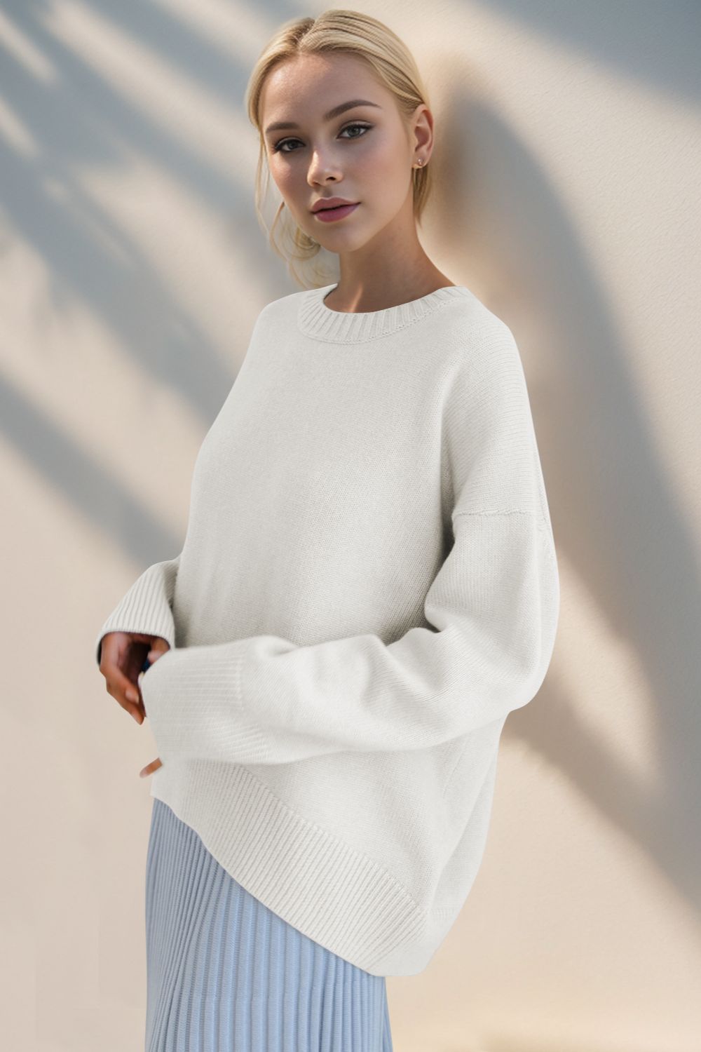 Basic Bae Round Neck Dropped Shoulder Sweater-TOPS / DRESSES-[Adult]-[Female]-2022 Online Blue Zone Planet