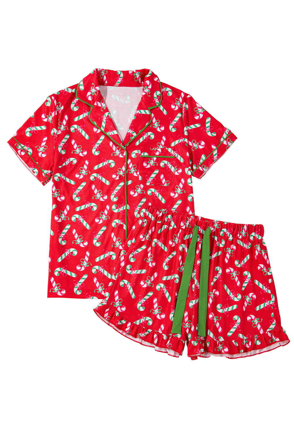 Red Christmas Candy Cane Print Pajama Set-Loungewear Set-[Adult]-[Female]-2022 Online Blue Zone Planet