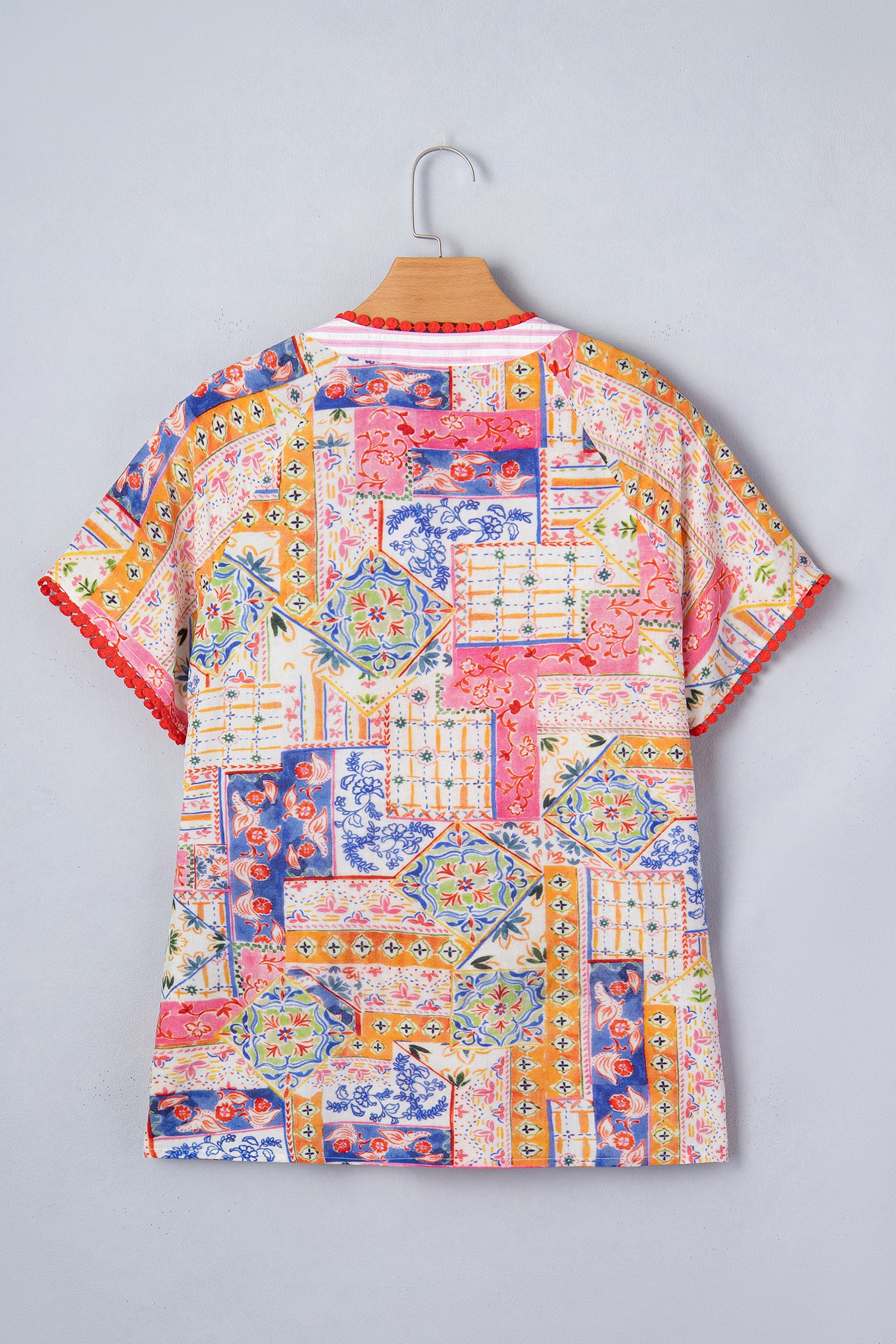 Red Mixed Print V Neck Short Sleeve Blouse-Tops/Blouses & Shirts-[Adult]-[Female]-2022 Online Blue Zone Planet