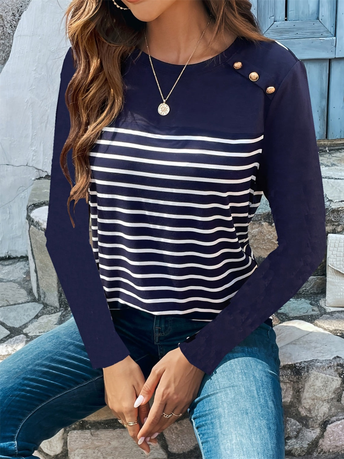 Blue Zone Planet | Decorative Button Striped Round Neck Long Sleeve T-Shirt-TOPS / DRESSES-[Adult]-[Female]-2022 Online Blue Zone Planet