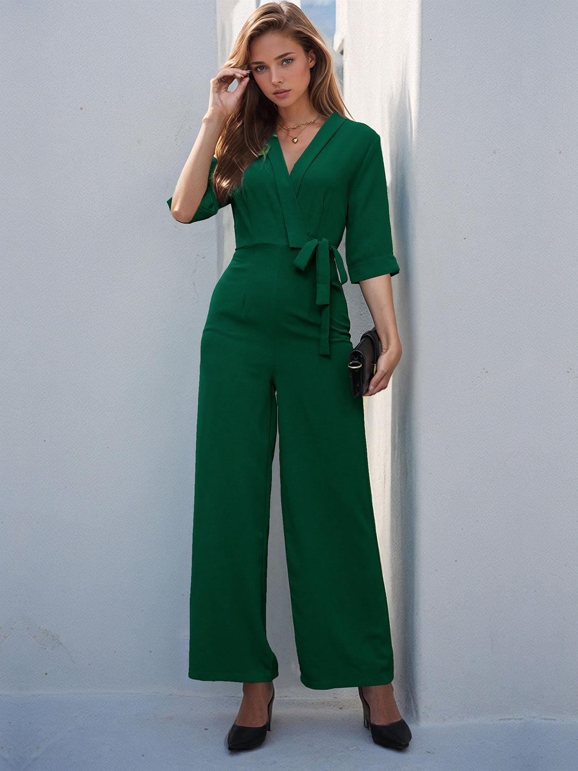 Blue Zone Planet | Surplice Half Sleeve Wide Leg Jumpsuit-TOPS / DRESSES-[Adult]-[Female]-Dark Green-S-2022 Online Blue Zone Planet