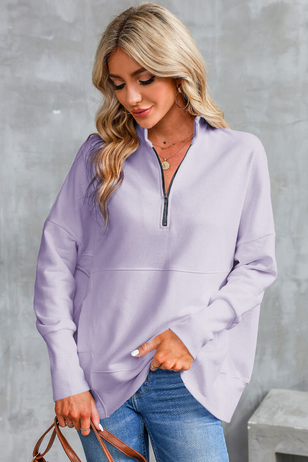 Half Zip Pocketed Dropped Shoulder Sweatshirt-TOPS / DRESSES-[Adult]-[Female]-2022 Online Blue Zone Planet