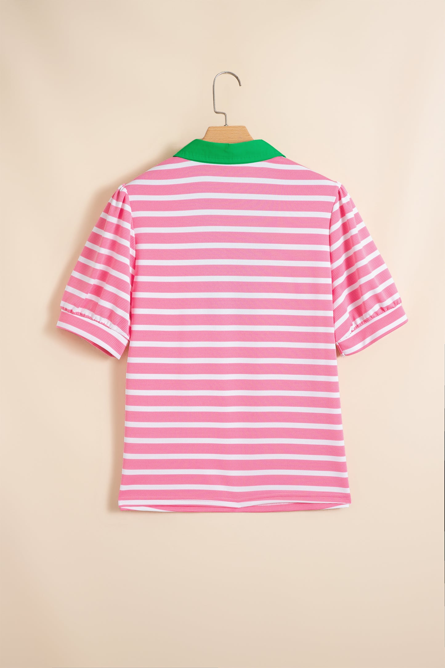 Pink Stripe Short Puff Sleeve Color Block Polo Collar Blouse-Tops/Blouses & Shirts-[Adult]-[Female]-2022 Online Blue Zone Planet