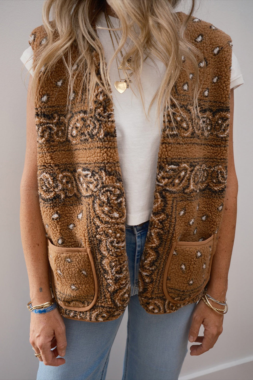 Brown Sherpa Paisley Print Pocketed Western Fashion Vest Jacket-TOPS / DRESSES-[Adult]-[Female]-2022 Online Blue Zone Planet