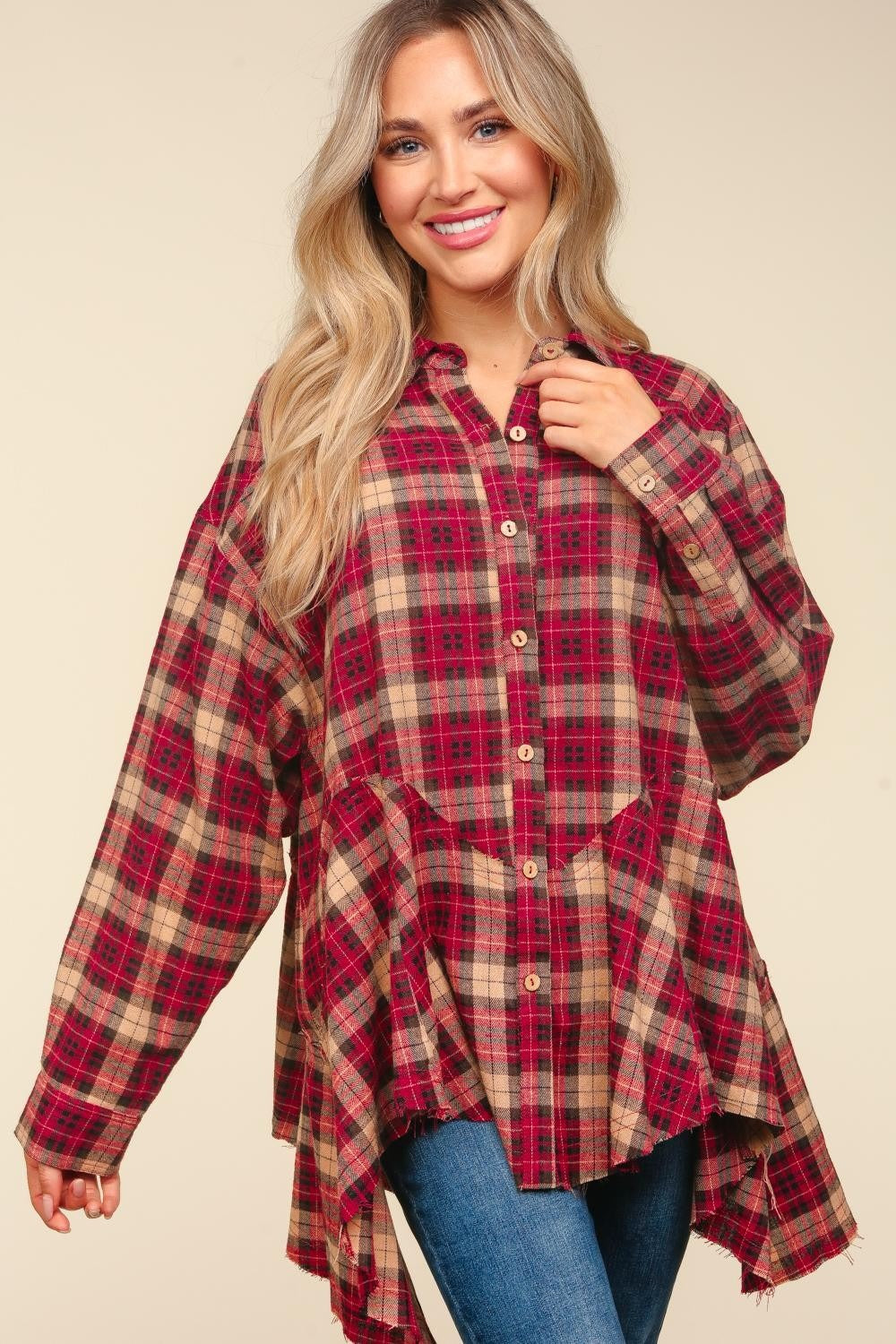 Haptics Plaid Button Down Sharkbite Shirt-TOPS / DRESSES-[Adult]-[Female]-Burgundy/Taupe-S-2022 Online Blue Zone Planet