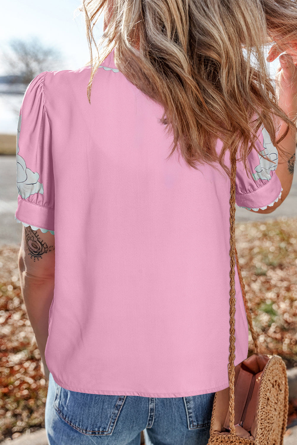 Rose Floral Ric Rac Edge Puff Sleeve Button Up Summer Shirt-Tops/Blouses & Shirts-[Adult]-[Female]-2022 Online Blue Zone Planet