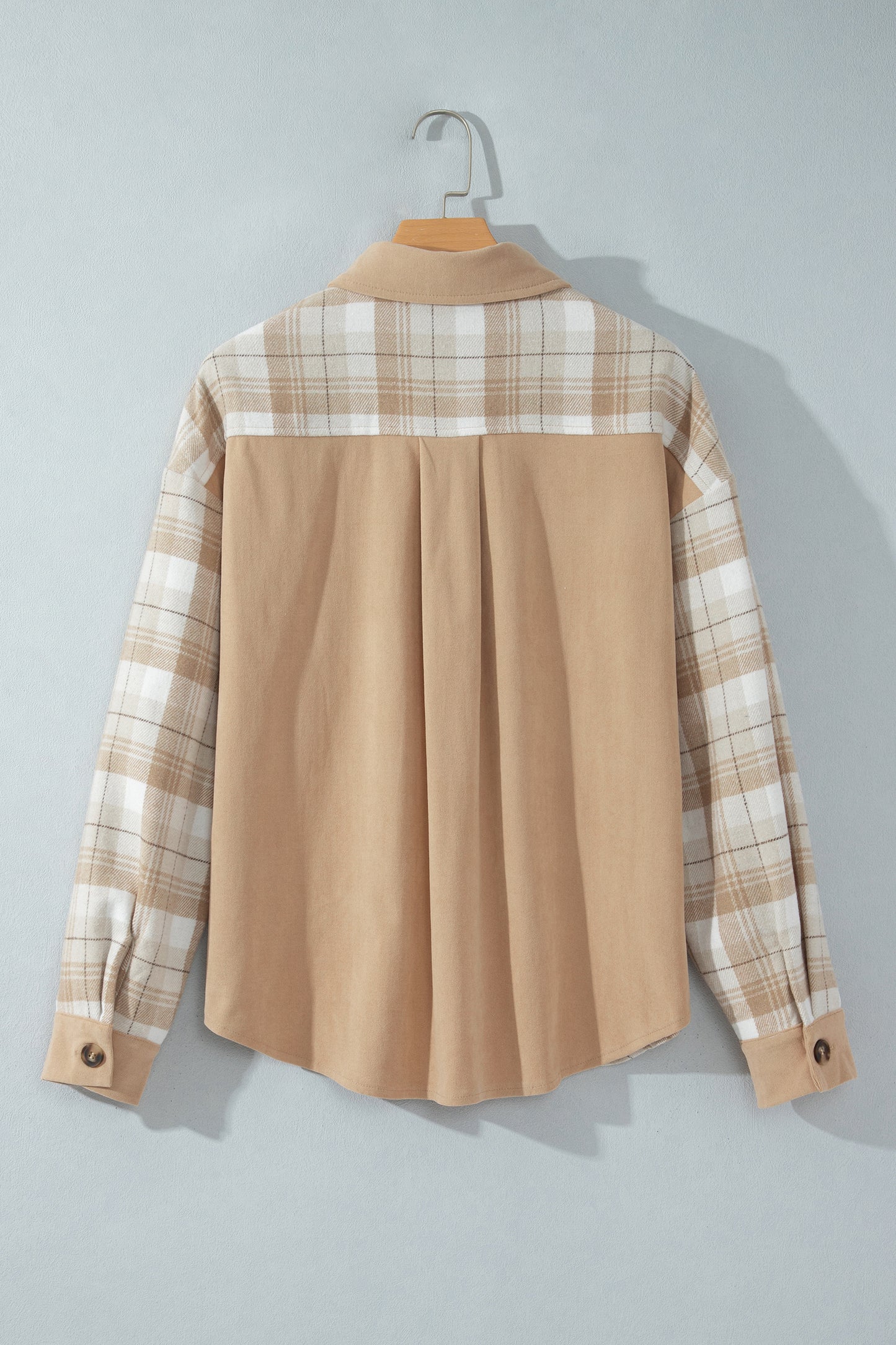 Light French Beige Plaid Colorblock Shirt Collar Shift Shacket-Outerwear/Jackets-[Adult]-[Female]-2022 Online Blue Zone Planet