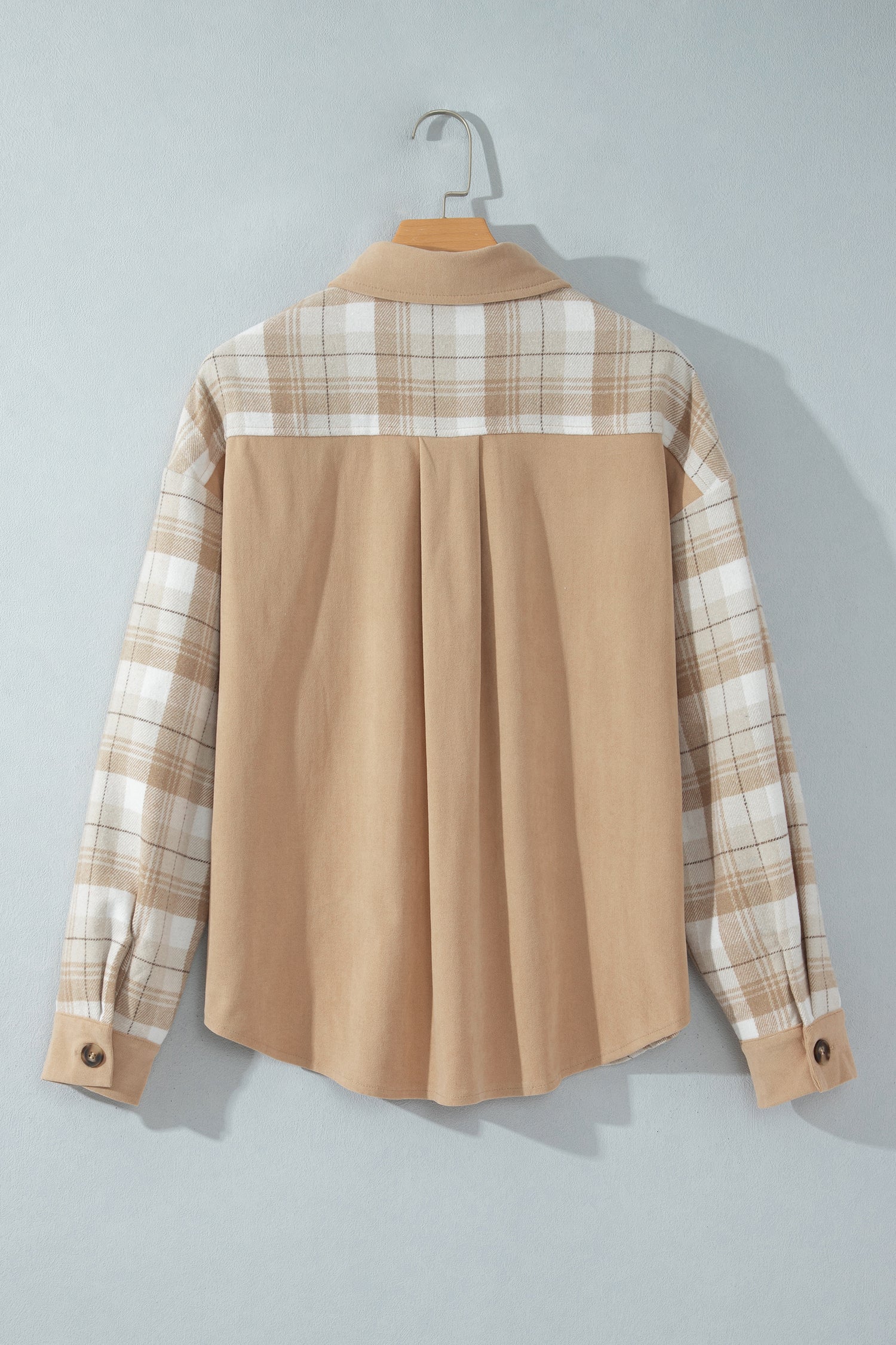 Light French Beige Plaid Colorblock Shirt Collar Shift Shacket-Outerwear/Jackets-[Adult]-[Female]-2022 Online Blue Zone Planet