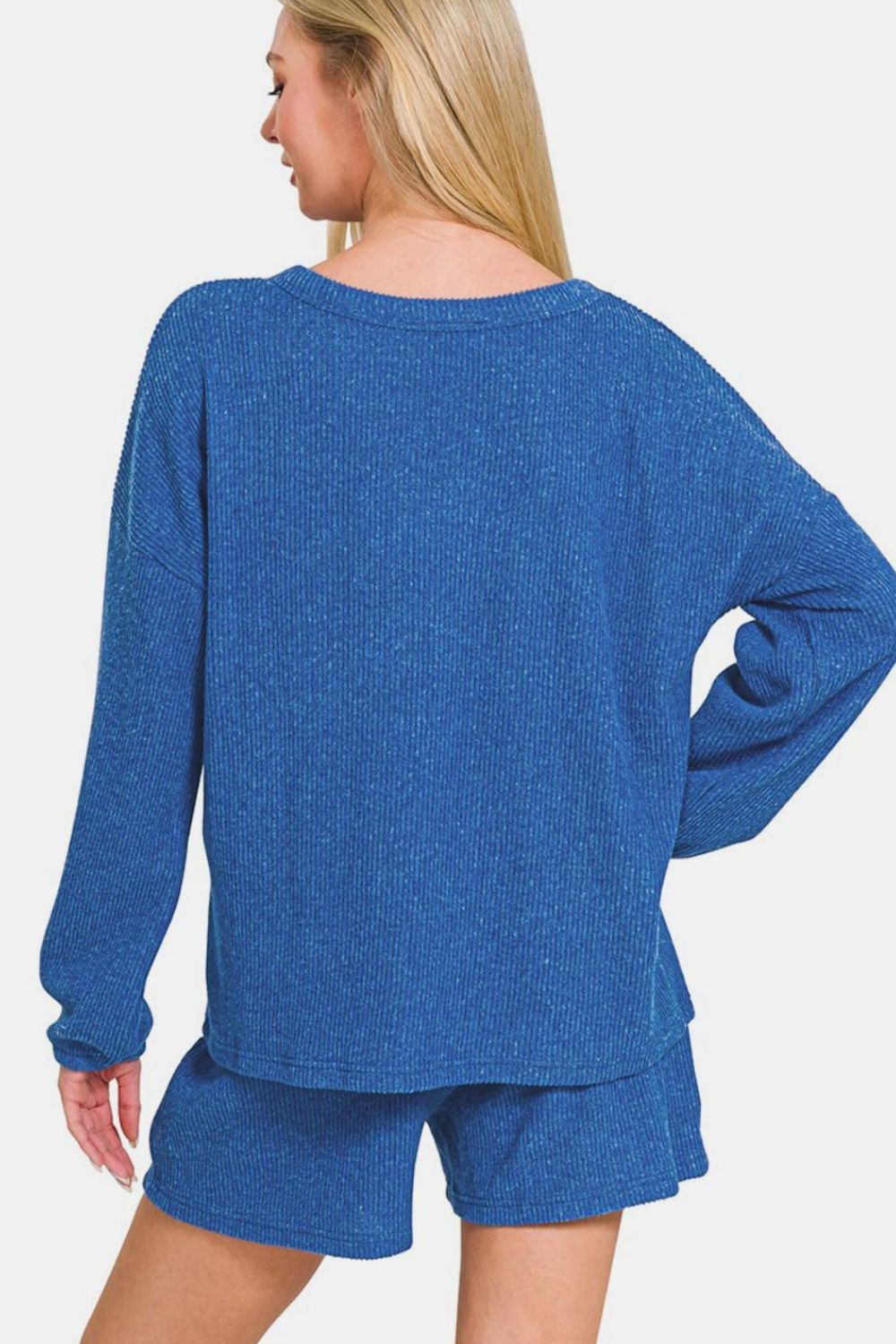 Blue Zone Planet | Zenana V-Neck Long Sleeve Ribbed Top and Shorts Set-TOPS / DRESSES-[Adult]-[Female]-2022 Online Blue Zone Planet