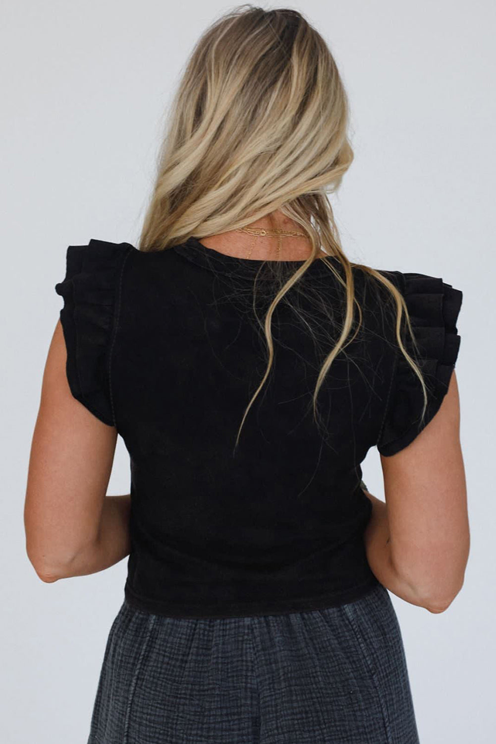 Black Ruffled Crew Neck Slim Fit Top-Tops/Blouses & Shirts-[Adult]-[Female]-2022 Online Blue Zone Planet
