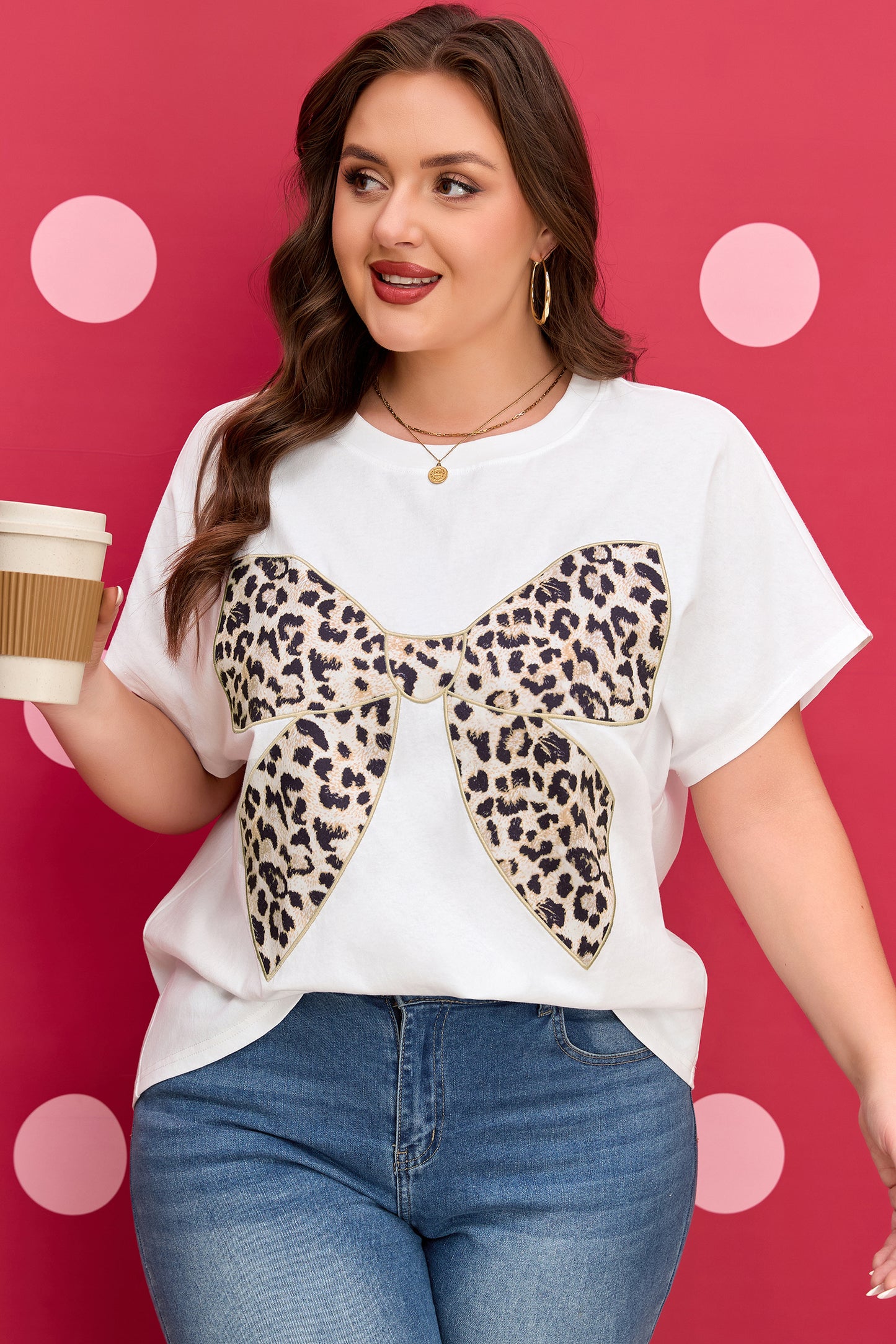 White Plus Size Leopard Bow Embroidered Patch Casual T Shirt-Plus Size/Plus Size Tops/Plus Size Tops & Tees-[Adult]-[Female]-2022 Online Blue Zone Planet