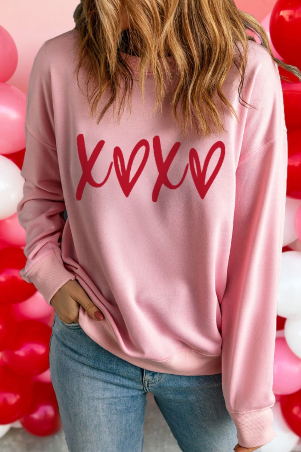 Valentine’s Day XOXO Round Neck Drop Shoulder Sweatshirt-TOPS / DRESSES-[Adult]-[Female]-2022 Online Blue Zone Planet