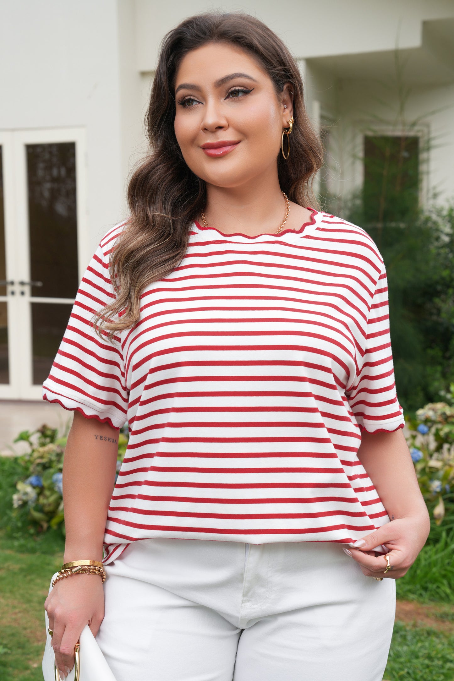 Red Stripe Plus Size Scalloped Trim Round Neck Short Sleeve Top-Plus Size/Plus Size Tops/Plus Size Tops & Tees-[Adult]-[Female]-2022 Online Blue Zone Planet
