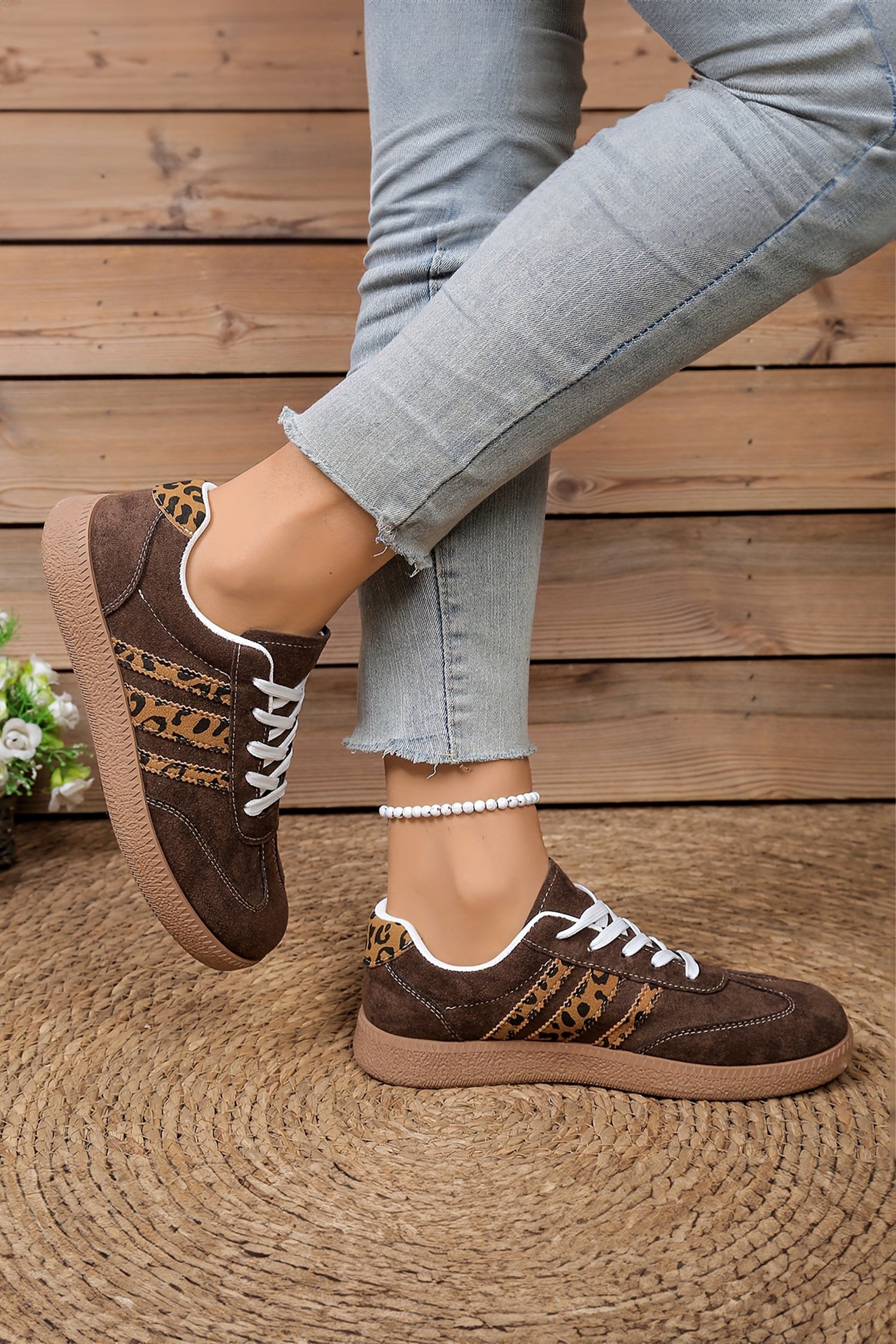 Coffee Contrast Lace-Up Leopard Patchwork Detail Faux Suede Shoes-Shoes & Bags/Womens Shoes-[Adult]-[Female]-2022 Online Blue Zone Planet