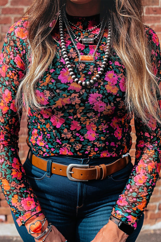 Rose Plus Size Vintage Floral Print Mesh Long Sleeve Top-Plus Size/Plus Size Tops/Plus Size Long Sleeve Tops-[Adult]-[Female]-Rose-1X-2022 Online Blue Zone Planet