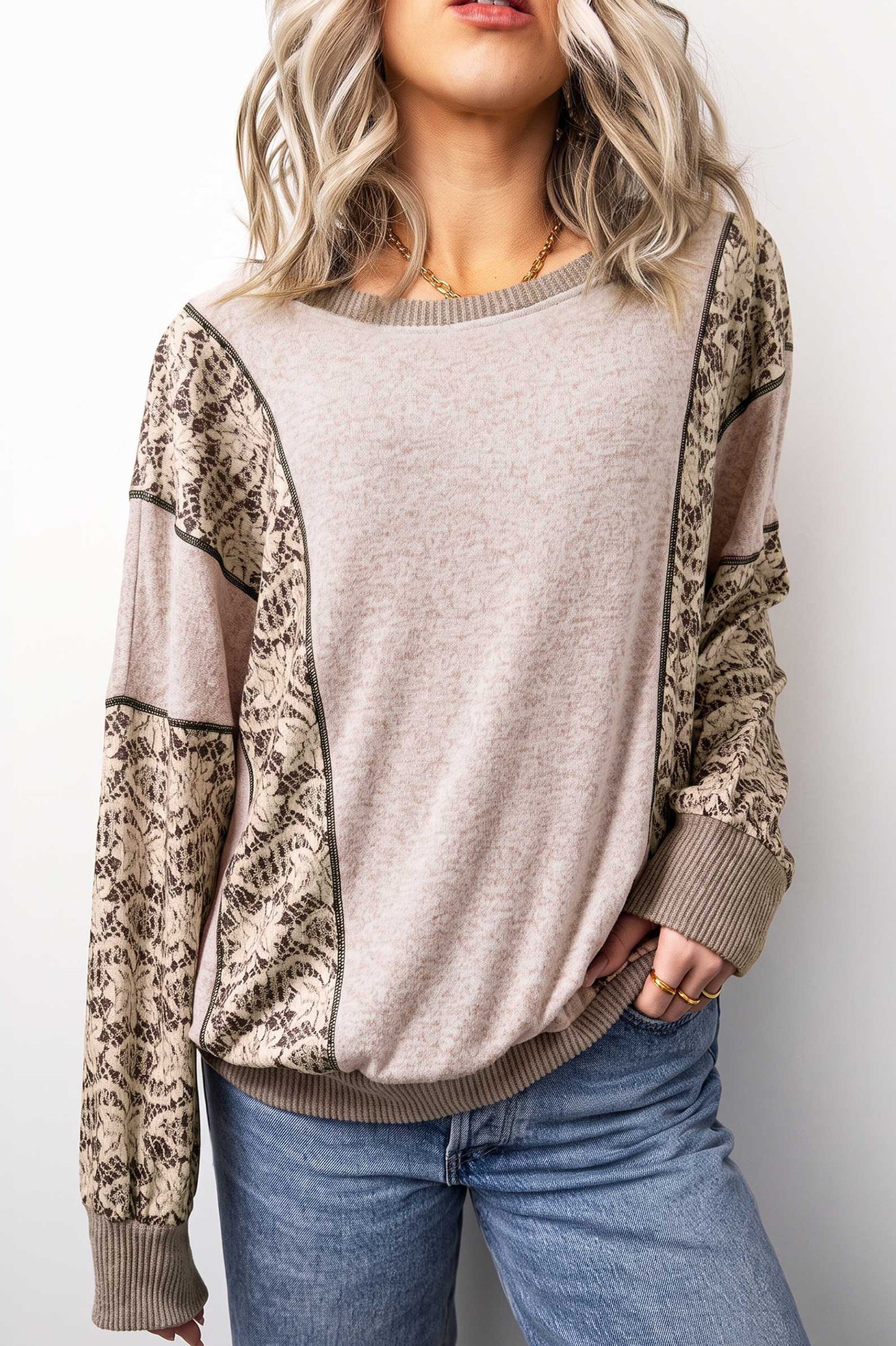 Khaki Floral Print Round Neck Long Sleeve Shift Top-Tops/Long Sleeve Tops-[Adult]-[Female]-Khaki-S-2022 Online Blue Zone Planet