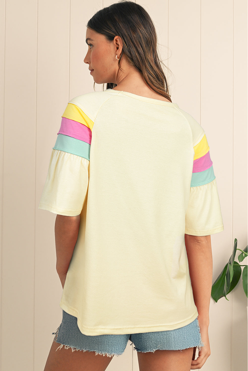White Color Block Stitched Sleeve Loose T Shirt-Tops/Tops & Tees-[Adult]-[Female]-2022 Online Blue Zone Planet