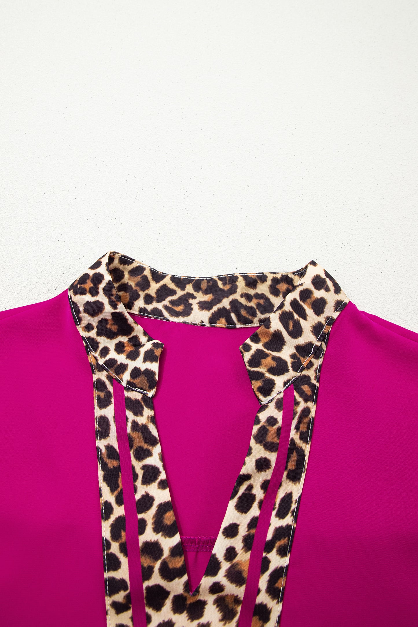 Violet Leopard Patchwork Trim Split Neck Short Sleeve Blouse-Tops/Blouses & Shirts-[Adult]-[Female]-2022 Online Blue Zone Planet