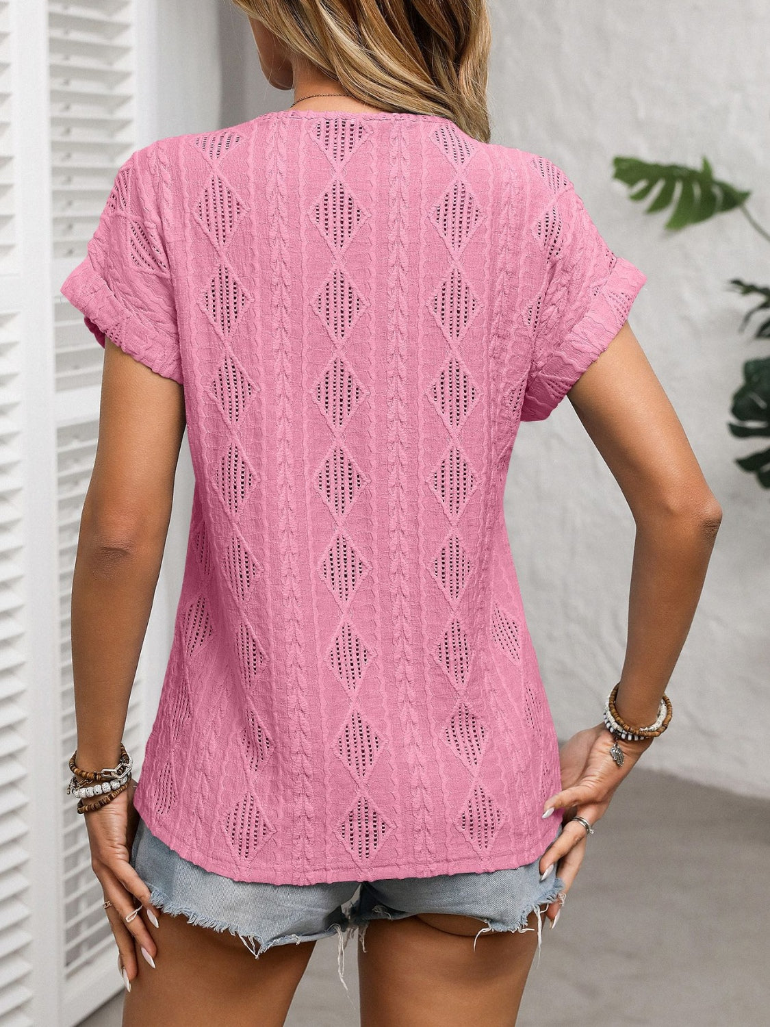 Openwork V-Neck Short Sleeve T-Shirt-TOPS / DRESSES-[Adult]-[Female]-2022 Online Blue Zone Planet