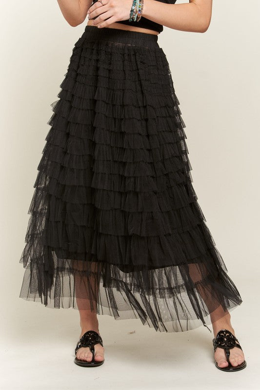 ADORA Elastic Waist Layered Mesh Midi Skirt-BOTTOM SIZES SMALL MEDIUM LARGE-[Adult]-[Female]-Black-S-2022 Online Blue Zone Planet