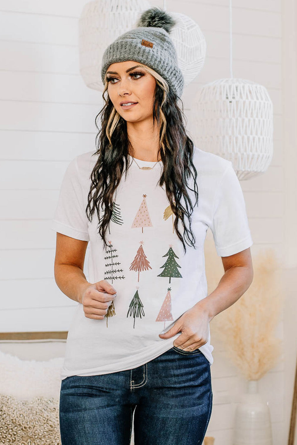 White Christmas Tree Graphic Tee-Graphic/Graphic Tees-[Adult]-[Female]-2022 Online Blue Zone Planet