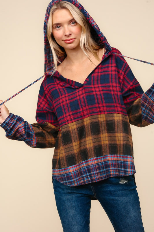 Blue Zone Planet | Haptics Plaid Edge Cut Detail Hooded Top-TOPS / DRESSES-[Adult]-[Female]-Red/Mustard/Navy-S-2022 Online Blue Zone Planet