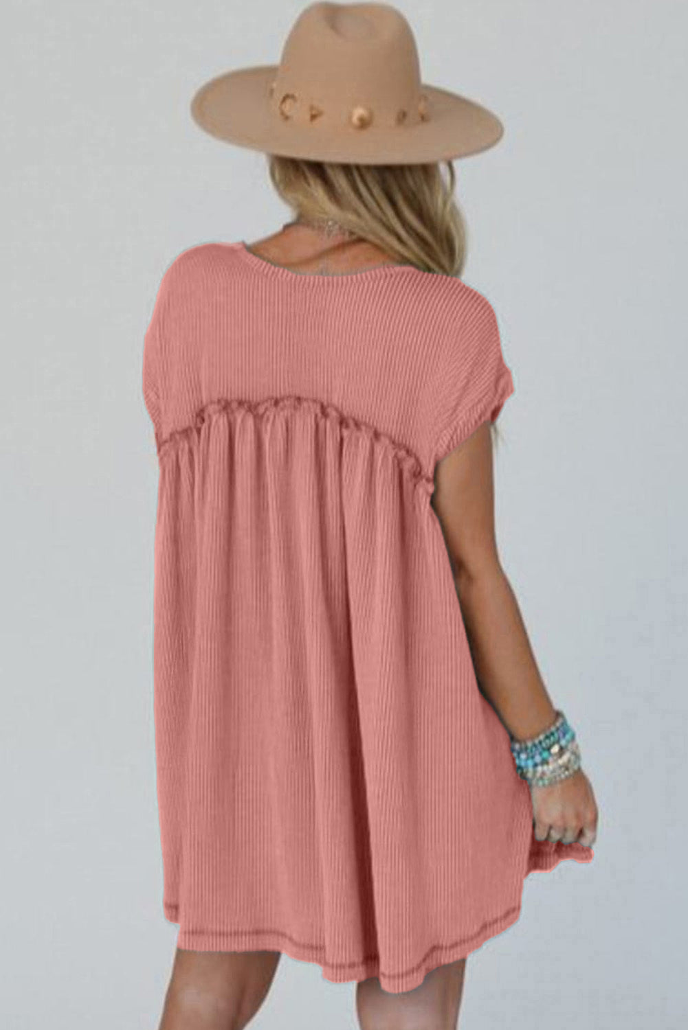Dusty Pink Corded Knit Textured Patched Pocket Frilled Swing Mini Dress with Pockets-TOPS / DRESSES-[Adult]-[Female]-2022 Online Blue Zone Planet