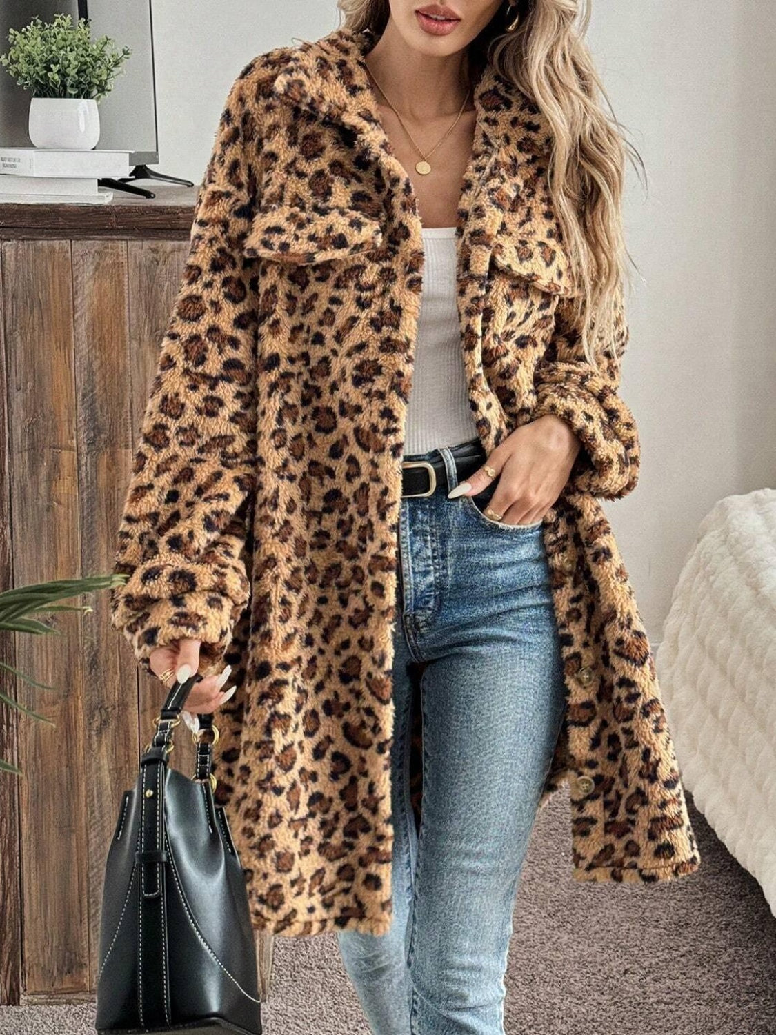 Leopard Button Up Long Sleeve Fuzzy Coat-TOPS / DRESSES-[Adult]-[Female]-2022 Online Blue Zone Planet