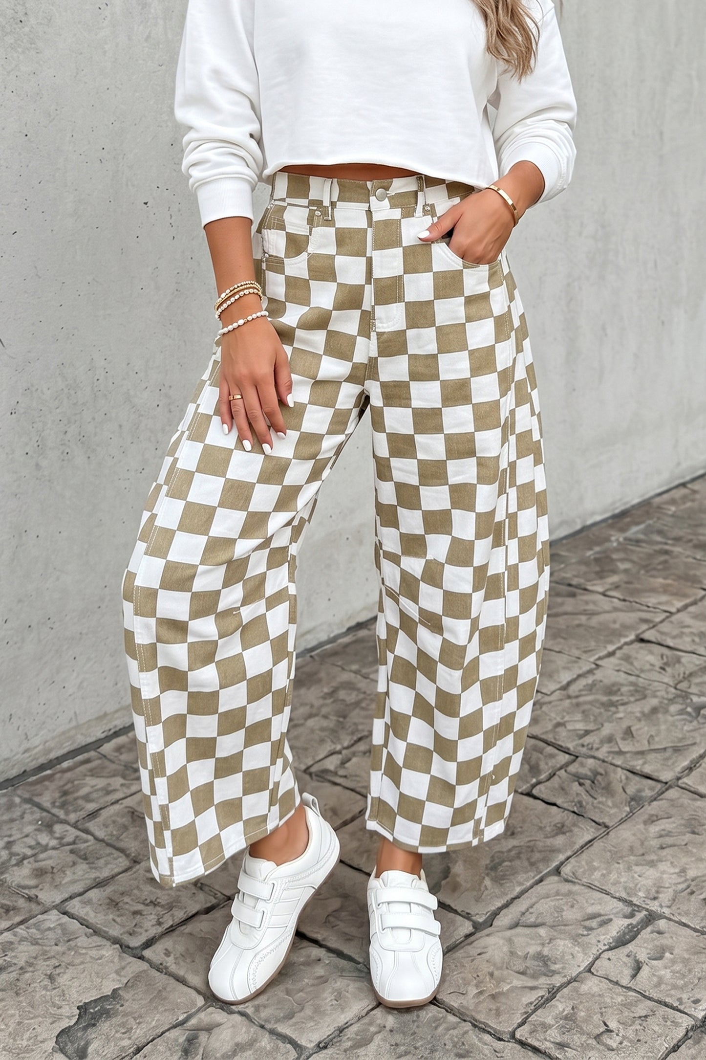White Checkered Print Denim Barrel Pants-Bottoms/Pants & Culotte-[Adult]-[Female]-2022 Online Blue Zone Planet