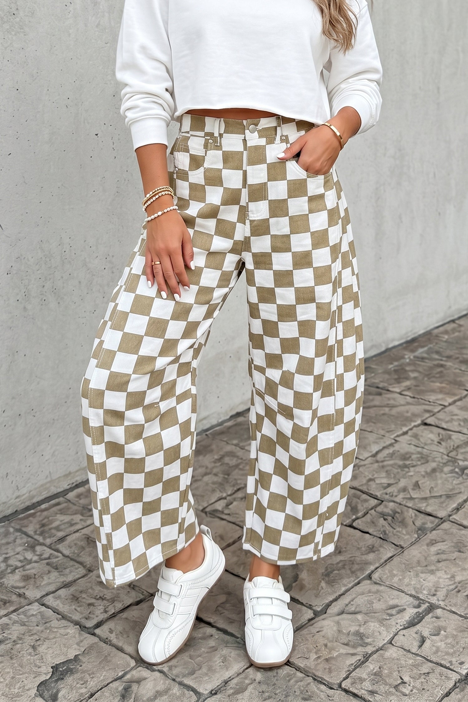 White Checkered Print Denim Barrel Pants-Bottoms/Pants & Culotte-[Adult]-[Female]-2022 Online Blue Zone Planet