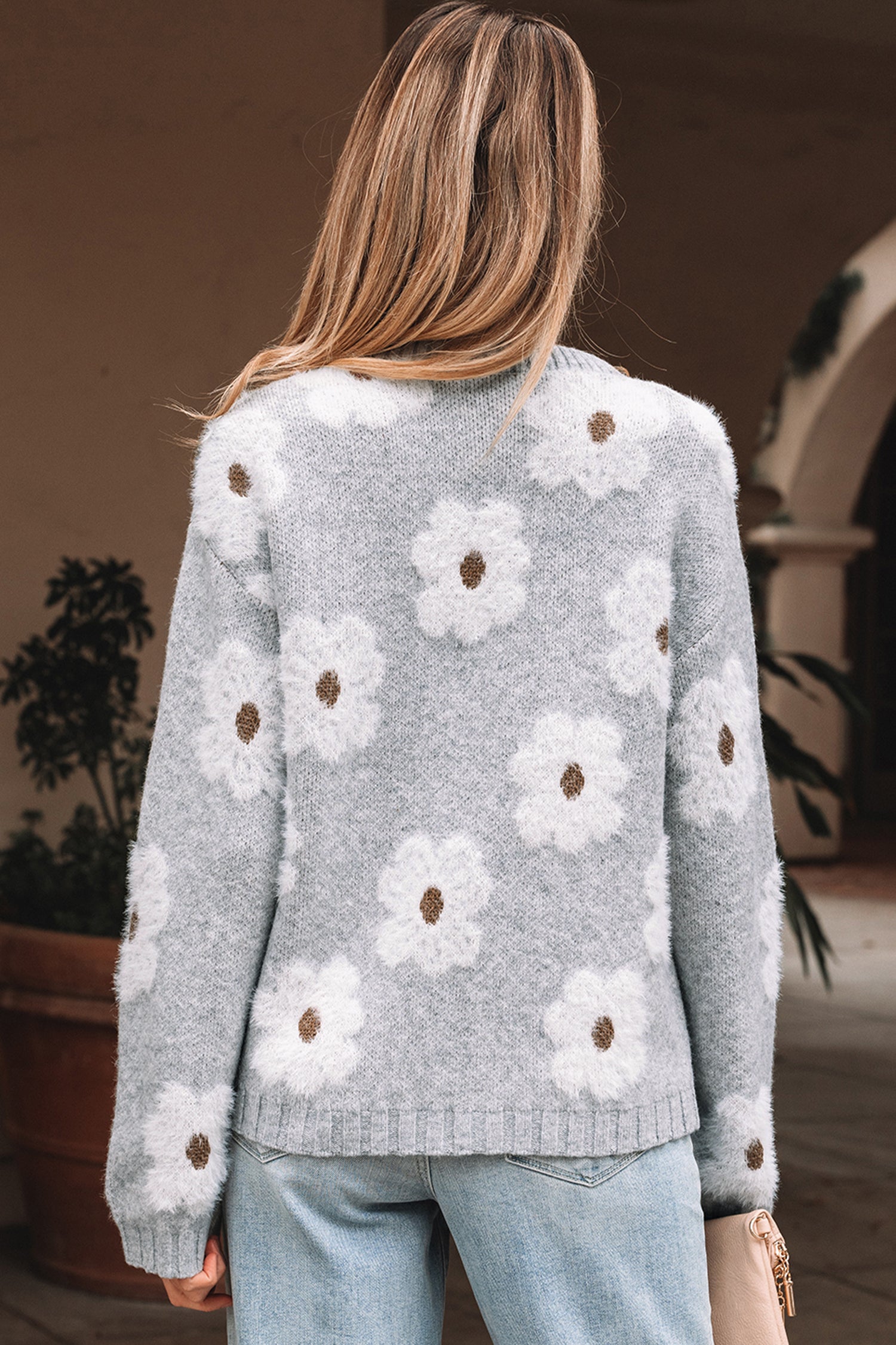 Gray Cute Flower Print V Neck Drop Shoulder Baggy Sweater-TOPS / DRESSES-[Adult]-[Female]-2022 Online Blue Zone Planet