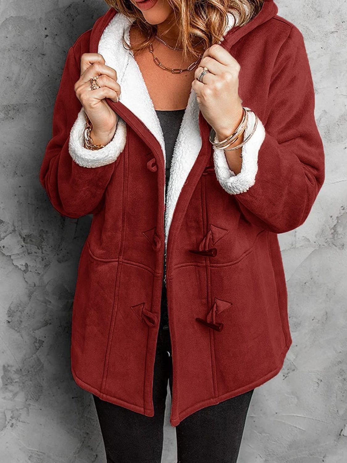 Full Size Pocketed Long Sleeve Hooded Toggle Jacket-TOPS / DRESSES-[Adult]-[Female]-Deep Red-S-2022 Online Blue Zone Planet