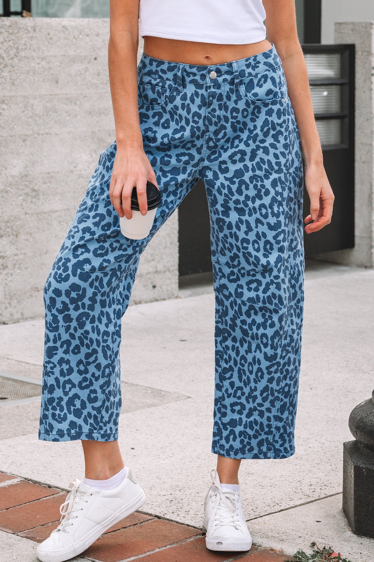 Sky Blue Leopard Print Straight Loose Jeans-Bottoms/Jeans-[Adult]-[Female]-2022 Online Blue Zone Planet