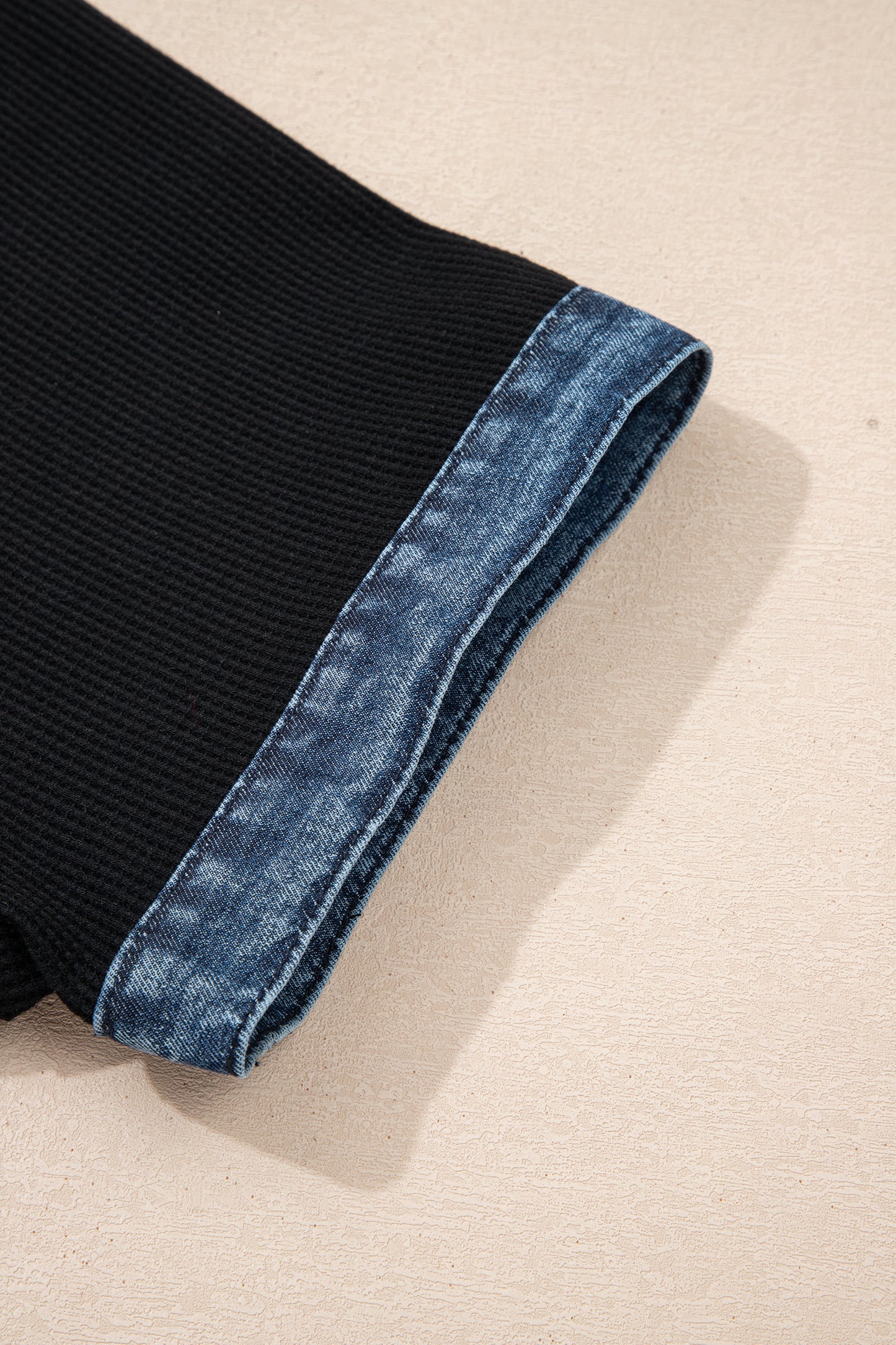 Black Plus Size Textured Contrast Denim Patchwork Button Polo Tee-Plus Size/Plus Size Tops-[Adult]-[Female]-2022 Online Blue Zone Planet