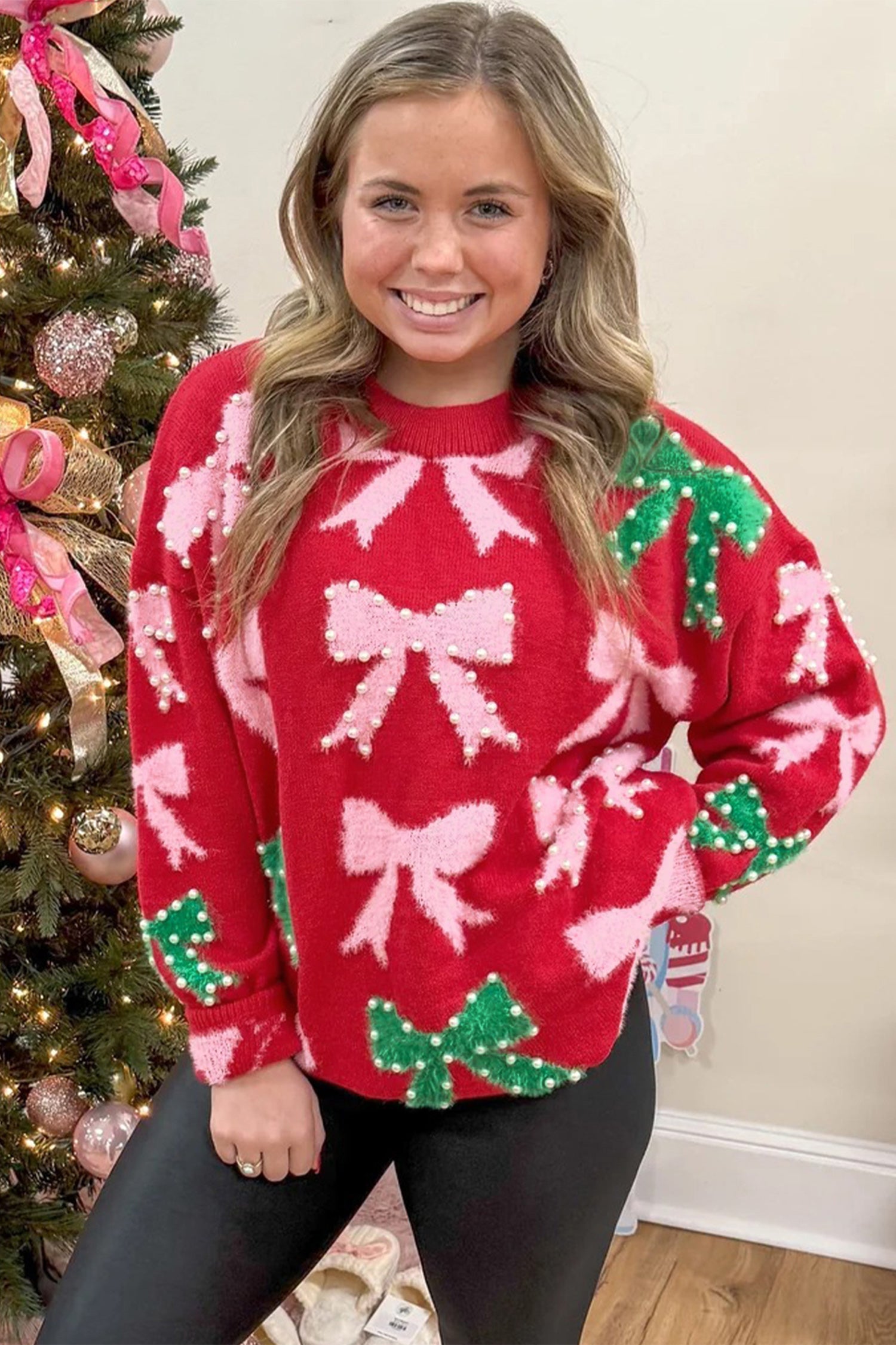 Fiery Red Bow Pearl Embellished Christmas Holiday Sweater-TOPS / DRESSES-[Adult]-[Female]-2022 Online Blue Zone Planet