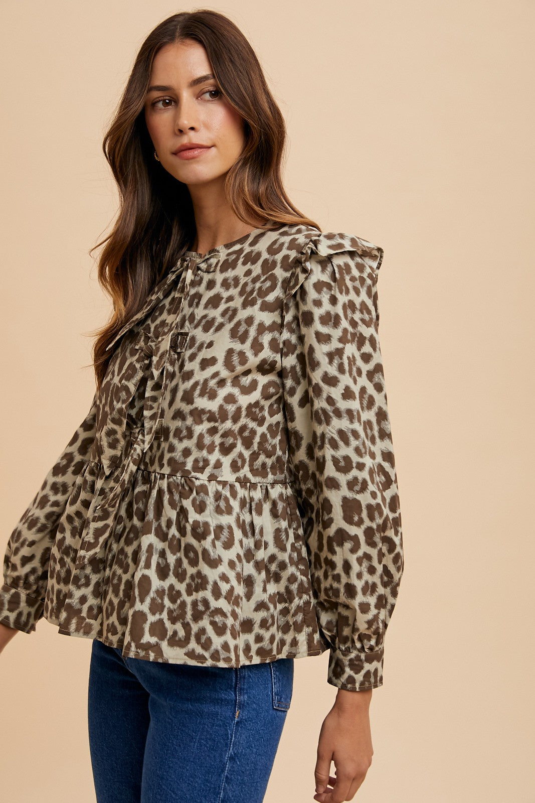 Annie Wear Tied Leopard Round Neck Peplum Blouse-TOPS / DRESSES-[Adult]-[Female]-2022 Online Blue Zone Planet