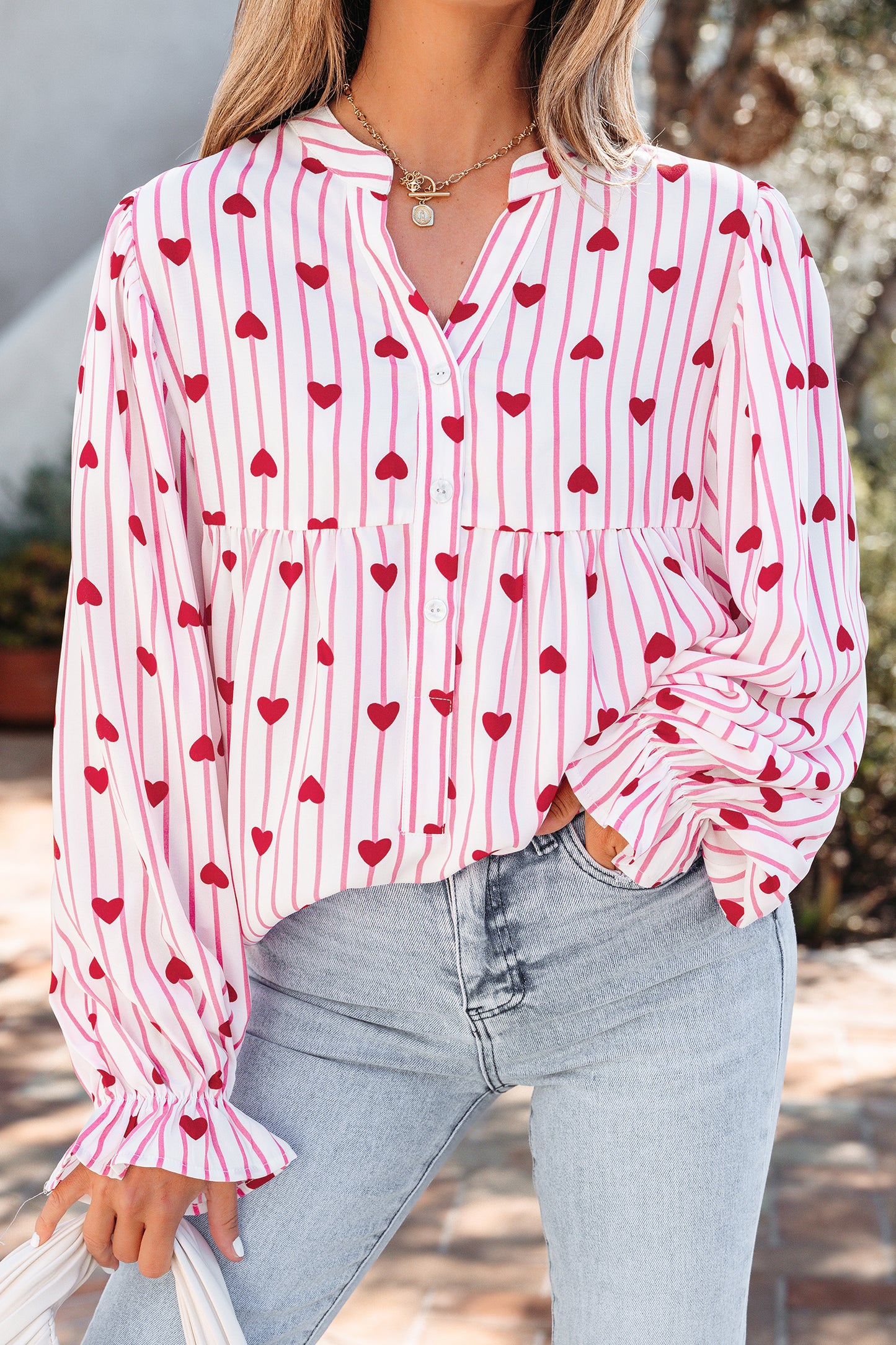 Pink Stripe Textured Heart Print Long Flounce Sleeve Shirt