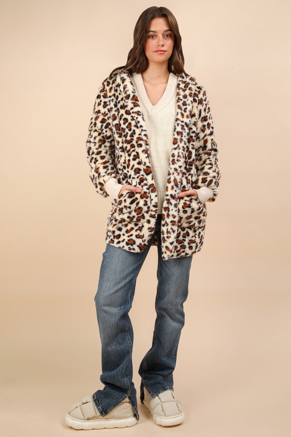 VERY J Fuzzy Leopard Long Sleeve Hooded Jacket-TOPS / DRESSES-[Adult]-[Female]-2022 Online Blue Zone Planet