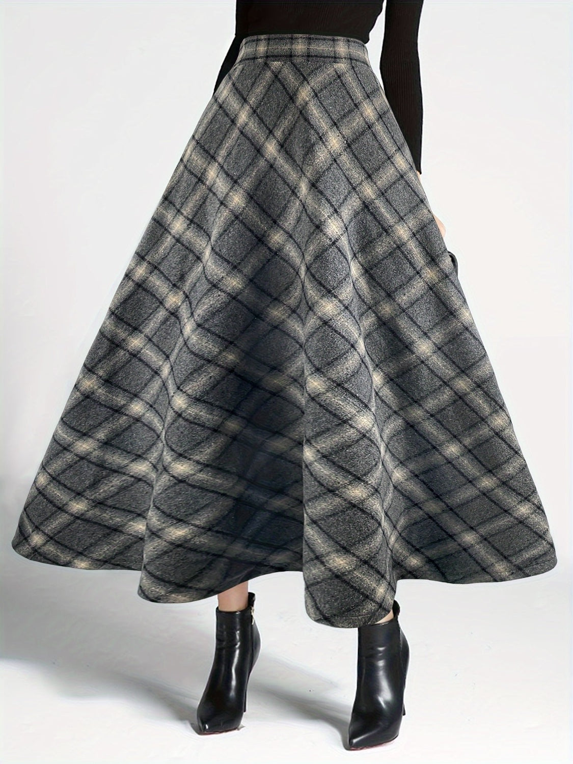 Plaid Elastic Waist Midi Skirt-BOTTOMS SIZES SMALL MEDIUM LARGE-[Adult]-[Female]-Dark Gray-S-2022 Online Blue Zone Planet