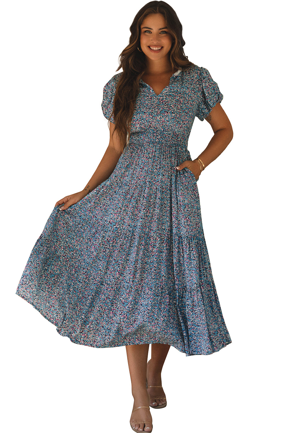 Blue Zone Planet | Blue Printed V Neck Shirred Short Puff Sleeve Maxi Dress-TOPS / DRESSES-[Adult]-[Female]-2022 Online Blue Zone Planet