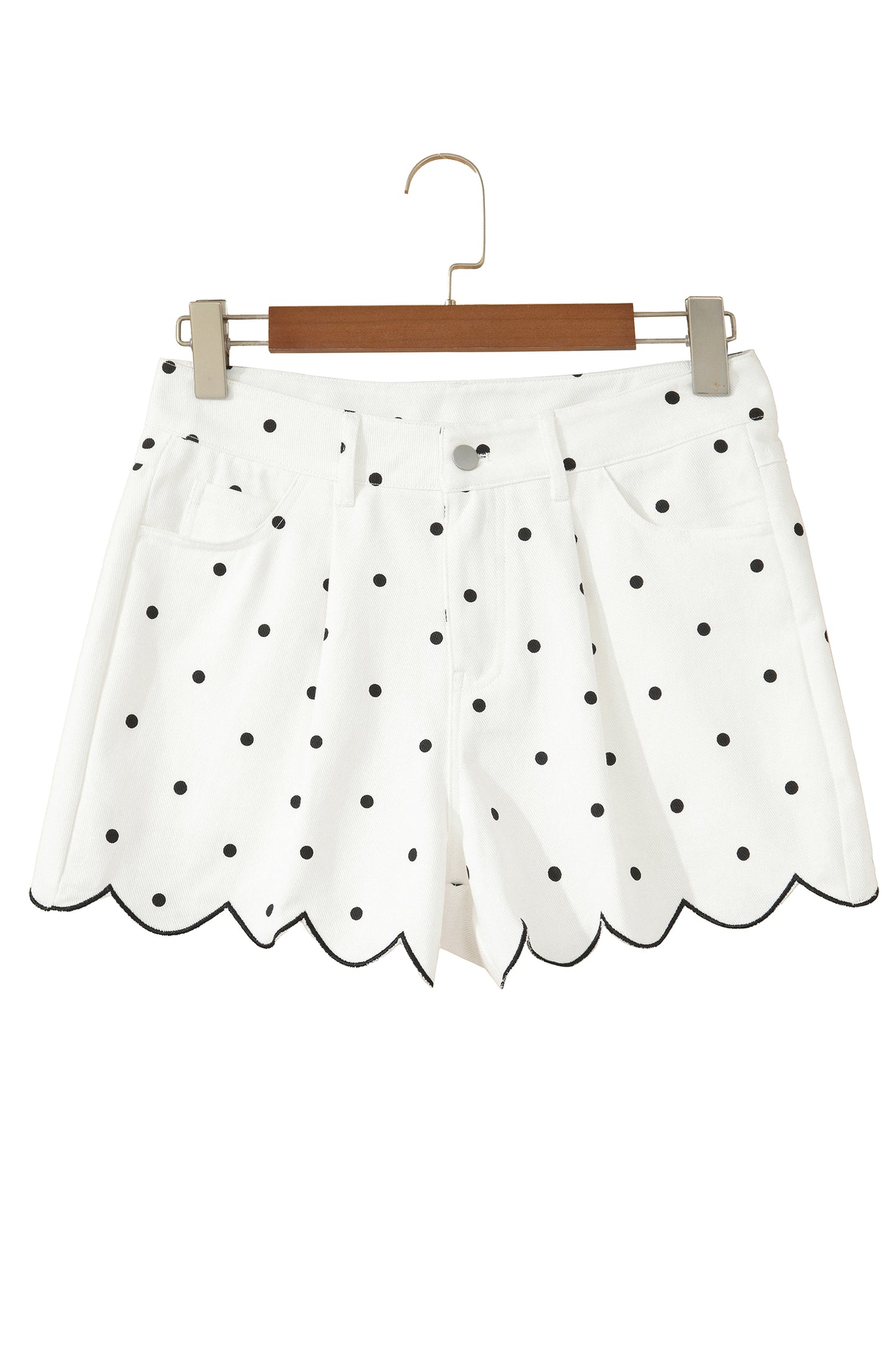 White Polka Dot Print Embroidered Scallop Hem Shorts-Bottoms/Casual Shorts-[Adult]-[Female]-2022 Online Blue Zone Planet