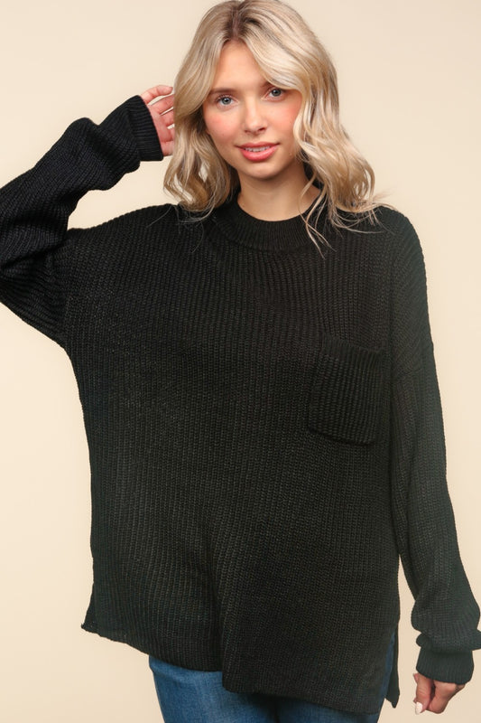 Haptics Mock Neck Side Slit Knit Top-TOPS / DRESSES-[Adult]-[Female]-Black-S-2022 Online Blue Zone Planet